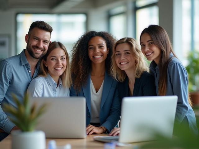 A diverse team of Near Me Agency Consulting members smiling and collaborating in a modern office environment.