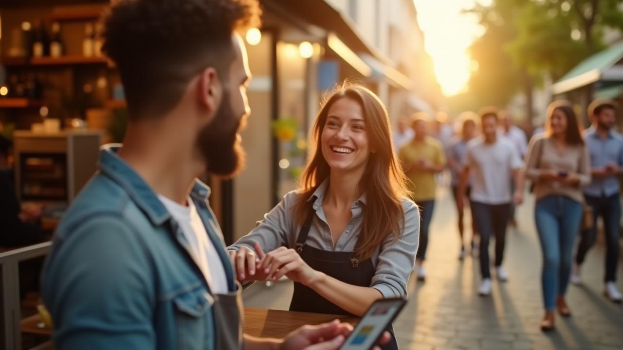 Thriving local business with happy customers interacting digitally and in person