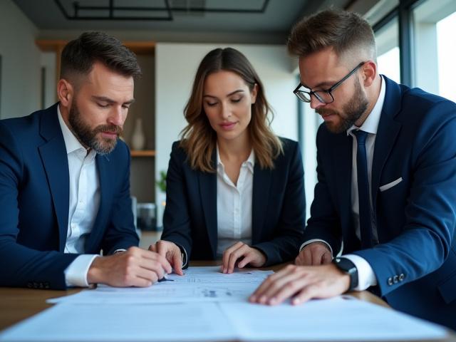 Professional diverse legal team reviewing documents in a modern office.