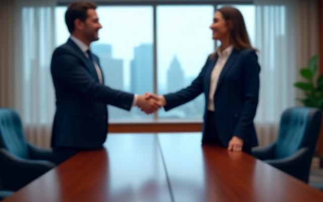Professionals shaking hands in a modern, elegant office space, symbolizing partnership and trust.