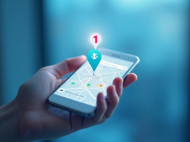 Smartphone displaying Google Maps with a business pinned at the top result, indicating high local search visibility.