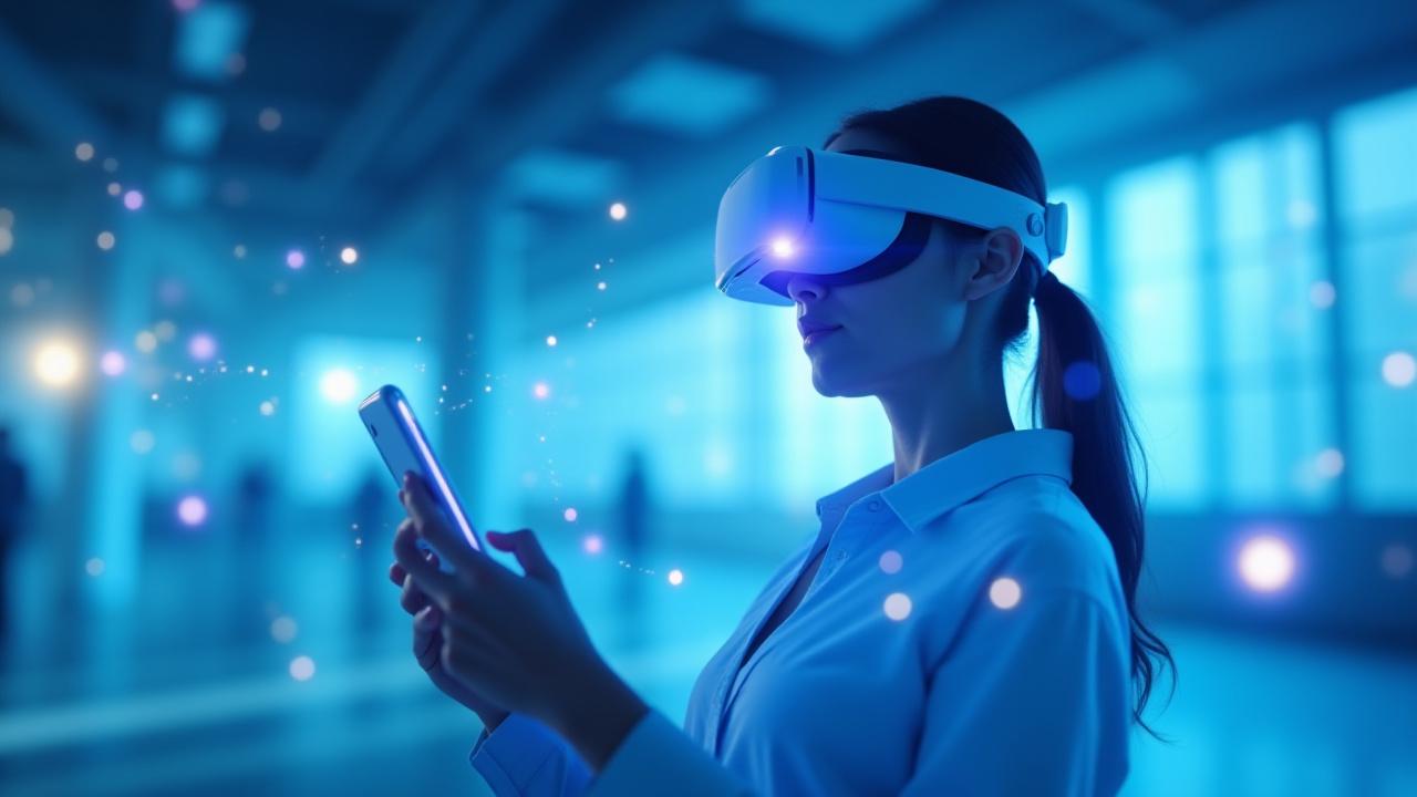 Person using VR headset, with holographic elements projected around them, symbolizing immersive content