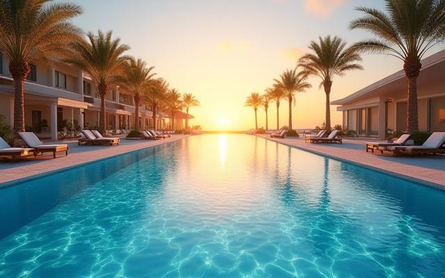 Resort swimming pool with a 360-degree virtual tour interface superimposed