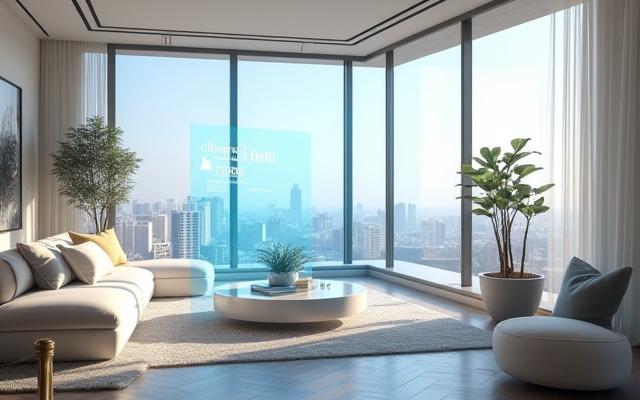 Modern luxury home with a virtual tour overlay, showing interactive hotspots