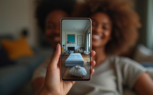 Woman holding a phone, viewing augmented reality furniture in her living room