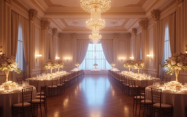Elegant event hall set up for a wedding, shown with a transparent overlay of a virtual tour map